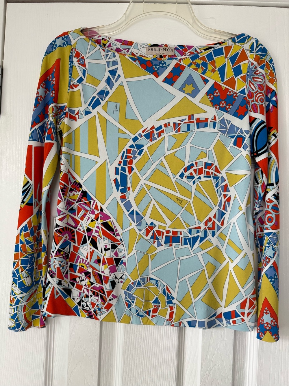 Emilio Pucci Multicolor Mosaic Print Long-Sleeve Top, Size 6